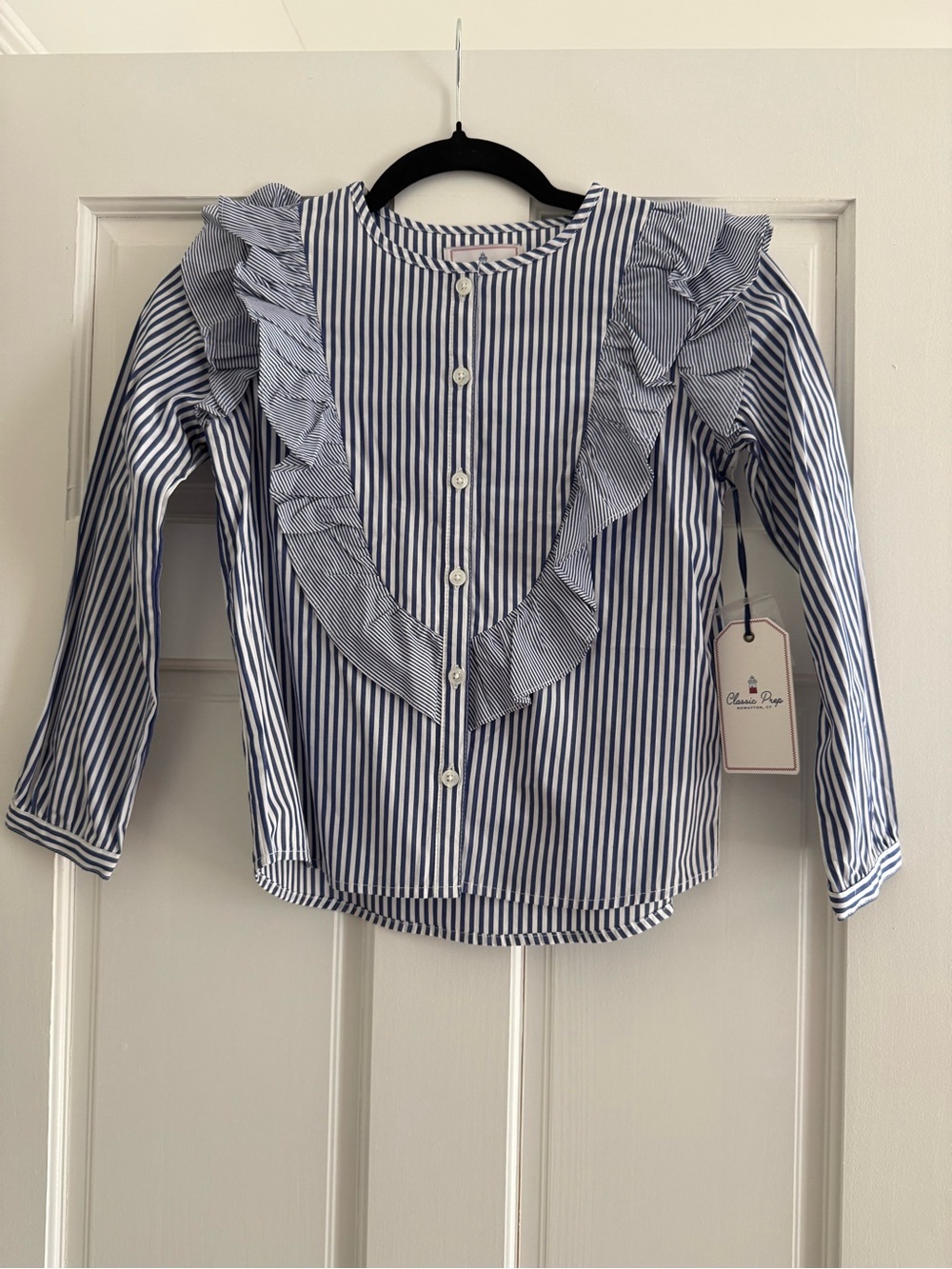 Classic Prep Navy and White Striped Ruffle Front Blouse
